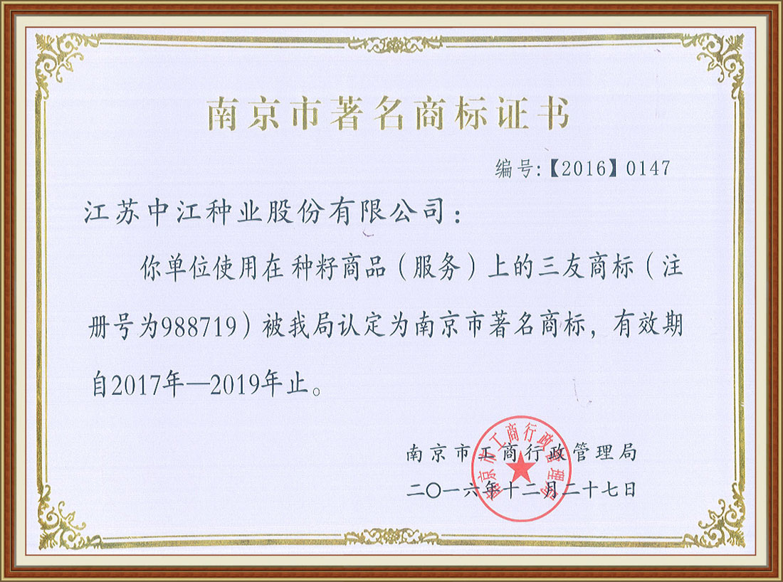 2016年度南京市著名商標(biāo)證書